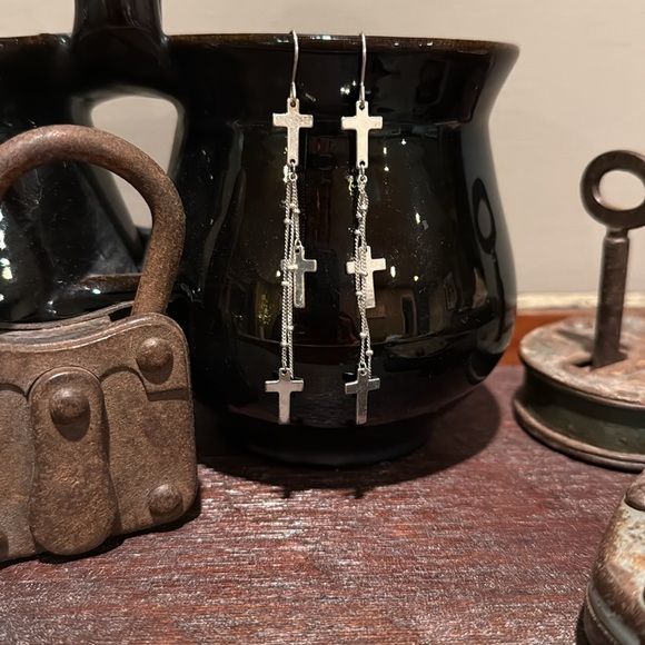 Silver Cross Dangle Earrings - Picture 2 of 4